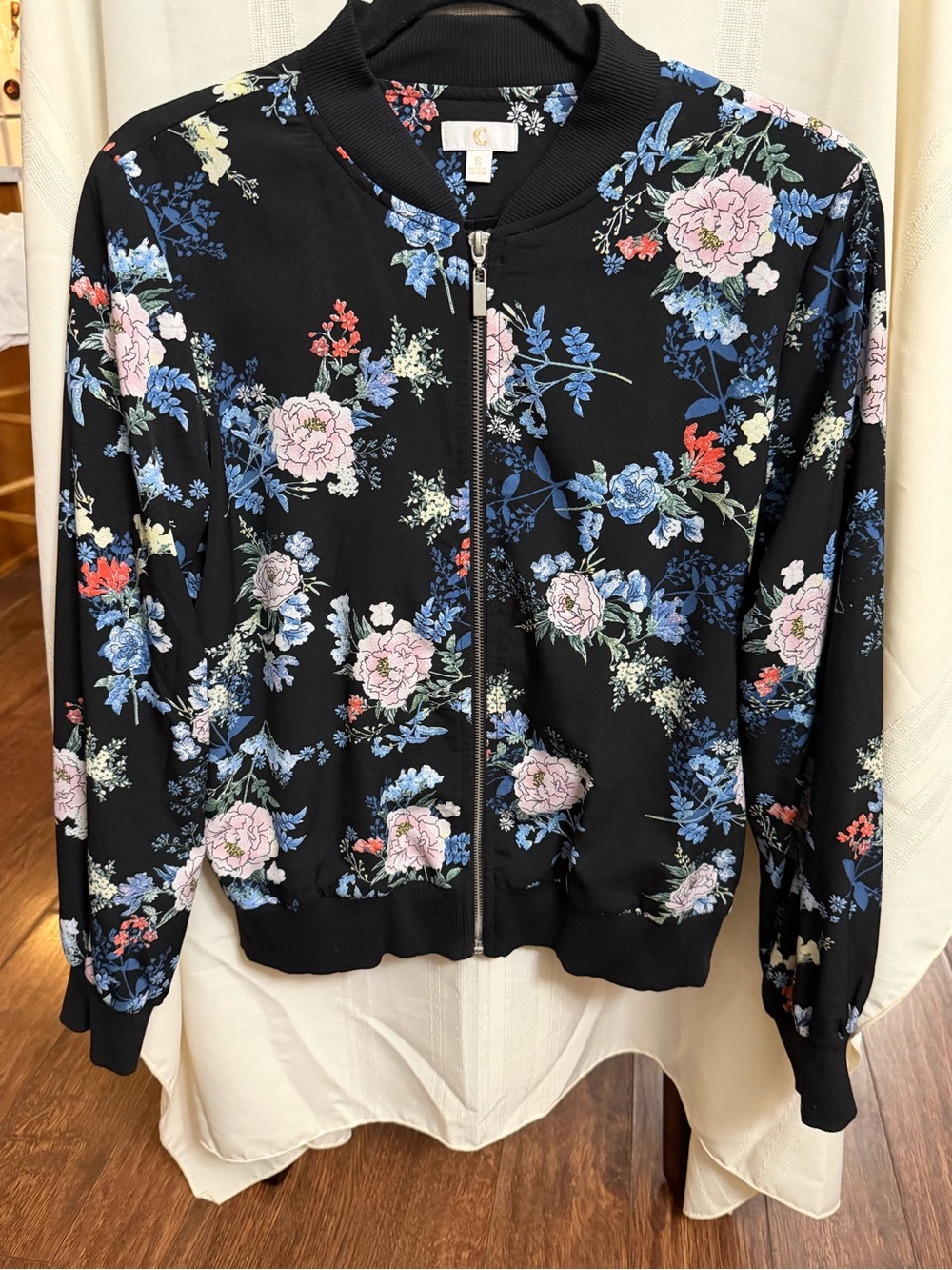 Charming Charlie Black Floral Bomber Jacket with Pink & Blue Flowers